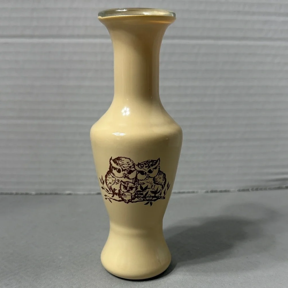 Vintage Tan Wheaton Mid Century Coated Glass Owl Design Both Sides Bud Vase